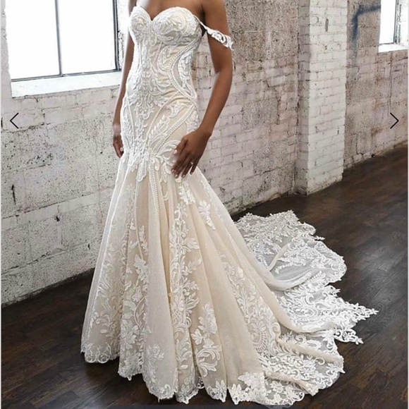 MARTINA LIANA #1267 Ivory Lace Sweetheart Mermaid Bardot Wedding Dress Size 14 - Picture 1 of 12